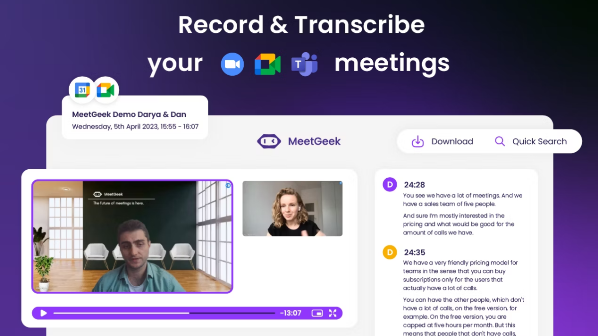 MeetGeek uses AI to transcribe audio and video in real time.