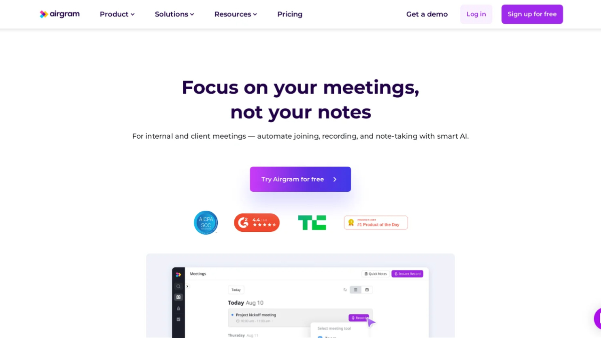 Airgram AI Assistant for Automated Meeting Notes & Summary
