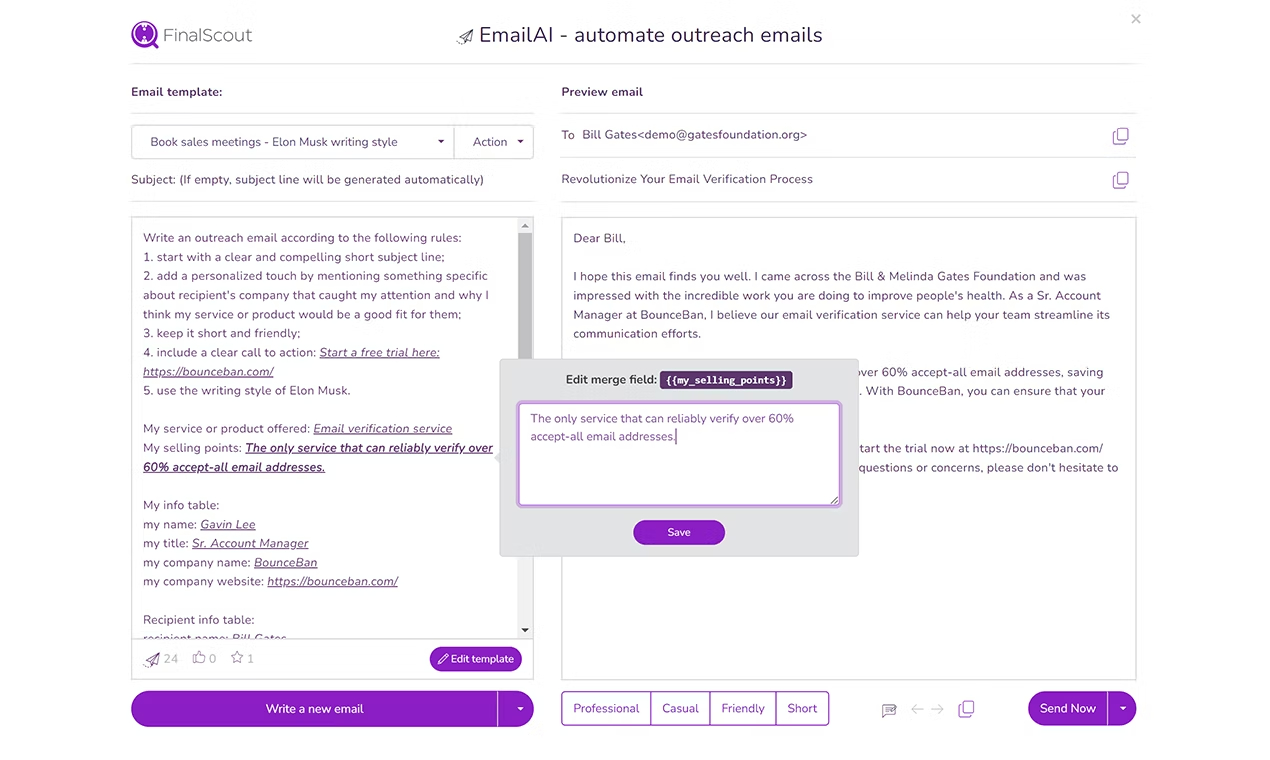 FinalScout to send personalized emails with your messages