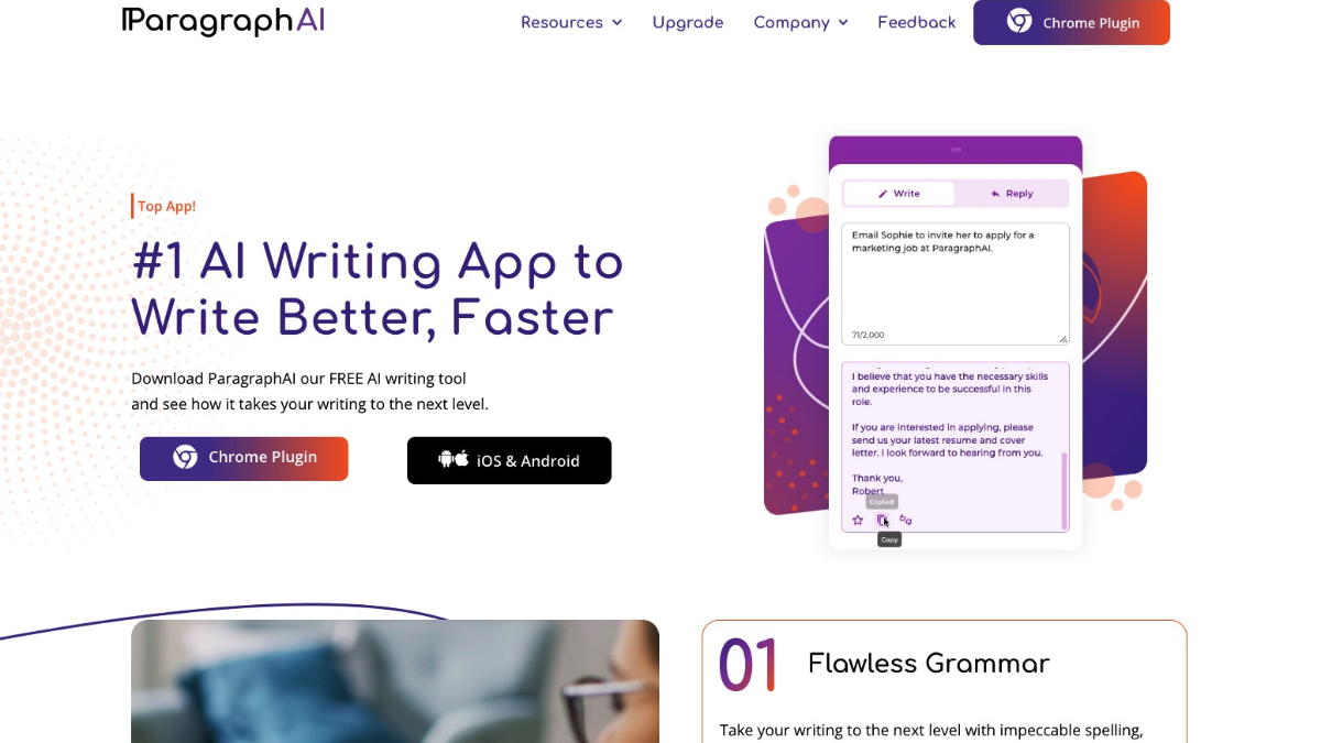 Best AI Writing App ParagraphAI writes clear, concise, error-free content.